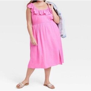 Ava & Viv Womens Pink Ruffle Linen Blend Midi Summer Dress Size 1X Pockets